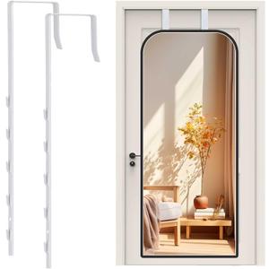 Over-The-Door Mirror Hanger, Adjustable Door Mirrors Hanger Set with Protective Lining, 2 Pcs Door Brackets Perfect Height and Fit (Mirror Not Included)-White