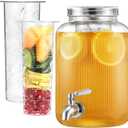 Navaris Glass Drink Dispenser with Tap - 4L (1 gal) Ripple Design Beverage Dispenser with Ice Insert & Fruit Infuser - for Cold Brew Coffee, Cocktails, Juice, Water & other Drinks