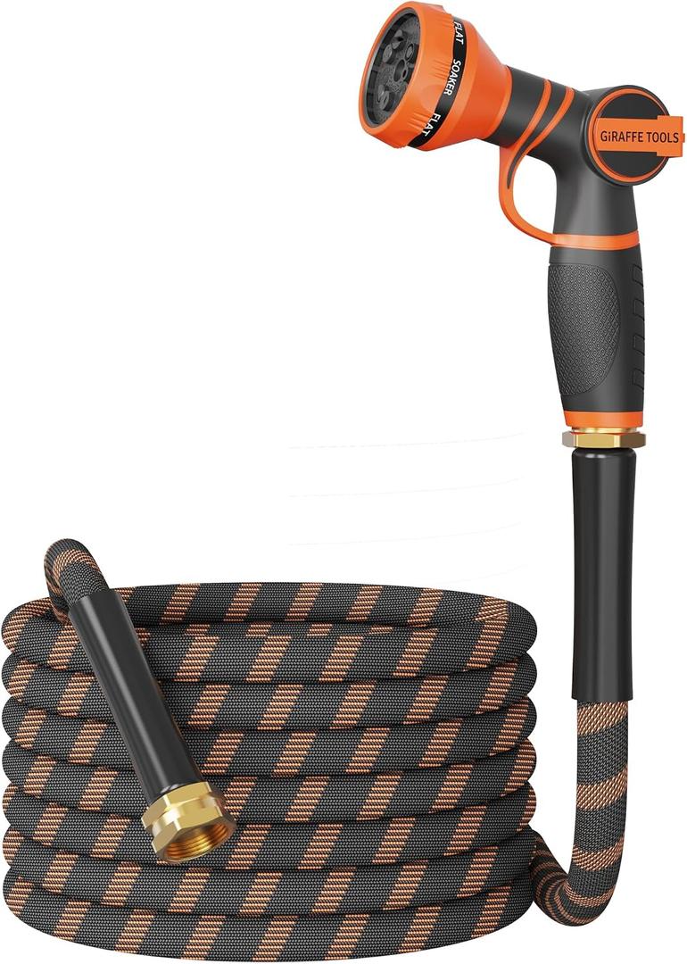 Giraffe Tools Non-Expandable Garden Hose 25FT 1/2 Lightweight Flexible Water Hoses Burst 600 psi with 9 Spray Function Nozzle Heavy Duty Hose