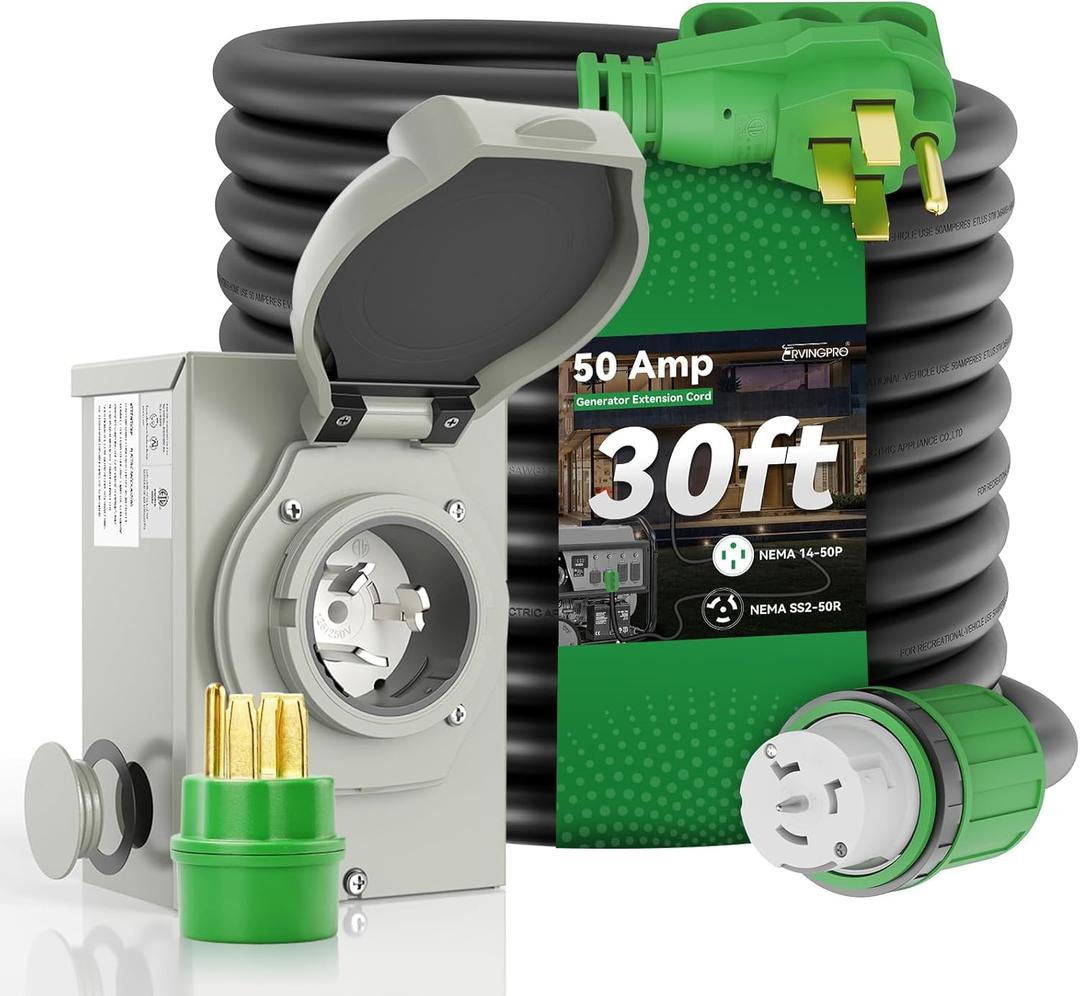 50 Amp Generator Cord 30FT and Power Inlet Box, Pre-Drilled 50 Amp Generator Inlet Box with Cord, NEMA 14-50P to SS2-50R Generator Cord Waterproof Combo Kit, ETL Listed