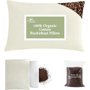 Organic Buckwheat Pillow for Sleeping with Dual-Layer Pillowcase and Extra Tartary Buckwheat Hulls, Adjust Height and Firmness, Neck Support Pillow for Back and Side Sleepers 16"x22"