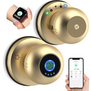 Smart Door Knob with Lock, Anweller Fingerprint Biometric Keyless Entry Electronic Digital Bluetooth App Control WiFi Door Lock for Bedroom Interior Apartment Garage Front Door - Gold