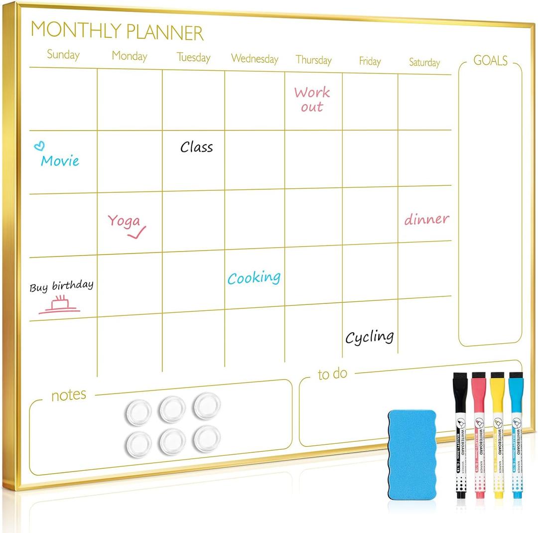 Large Dry Erase Calendar Whiteboard for Wall, 36'' x 24'' Monthly White Board Planner with Gold Frame, Magetic Hanging Wipe Board for Home Office School Dorm