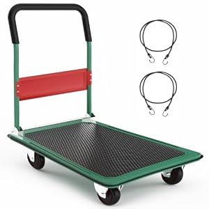 LEADALLWAY Foldable Push Cart 880lbs Capacity, Extra Tall 38.98" Height for Tall People, Heavy Duty Platform Truck 35.8" L x 24" W Green, Includes 2 Elastic Bungee Ropes