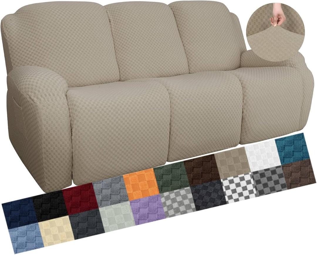 YEMYHOM 8 Pieces Stretch Recliner Sofa Cover Latest Jacquard Reclining Couch Cover with Side Pocket Anti-Slip Fitted 3 Cushion Furniture Slipcovers with Elastic Bottom (Sofa Recliner, Khaki)