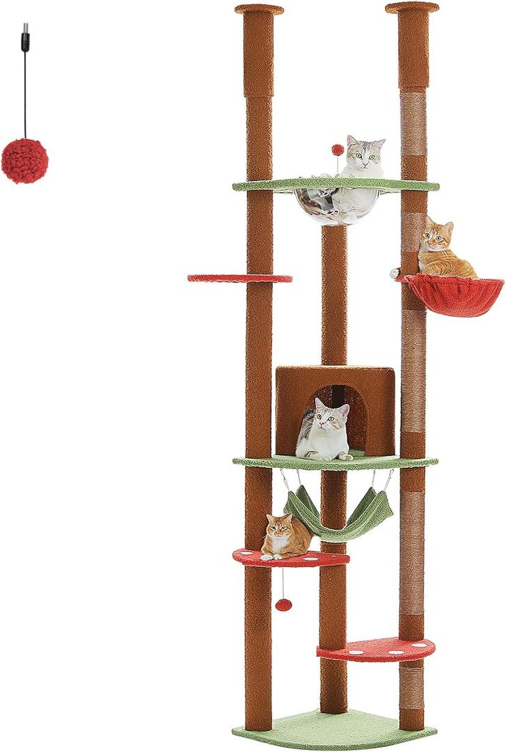 PEQULTI Floor to Ceiling Cat Tree 92.9-101.6 Height Adjustable Mushroom Cat Tower Tall Climbing Play House with Scratching Posts, Cozy Condo, Perches and Large Hammock for Indoor Cats Brown