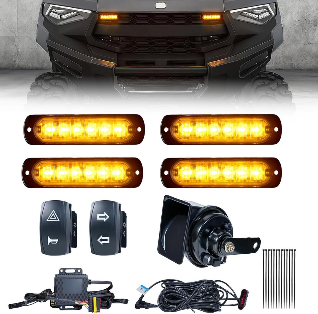 UTV Turn Signal Kit with 110dB Horn, Pre-Wired, Plug and Play UTV ATV Blinker with Rocker Switch, Rectangle Universal Street Legal Turn Signals Compatible with Polaris, Can-Am, Teryx, CFMOTO