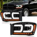 Fullux LED DRL Headlights Assembly for 2006-2008 Dodge Ram 1500 | for 2006-2008 Ram 2500 3500 Replacement Headlamp w/Running Light Bar Black Housing Amber Reflector