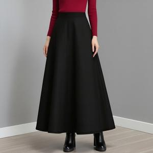 Women's Autumn/Winter Minimalist Solid-Color Versatile Commuting Long-Length Skirt (Black), Small
