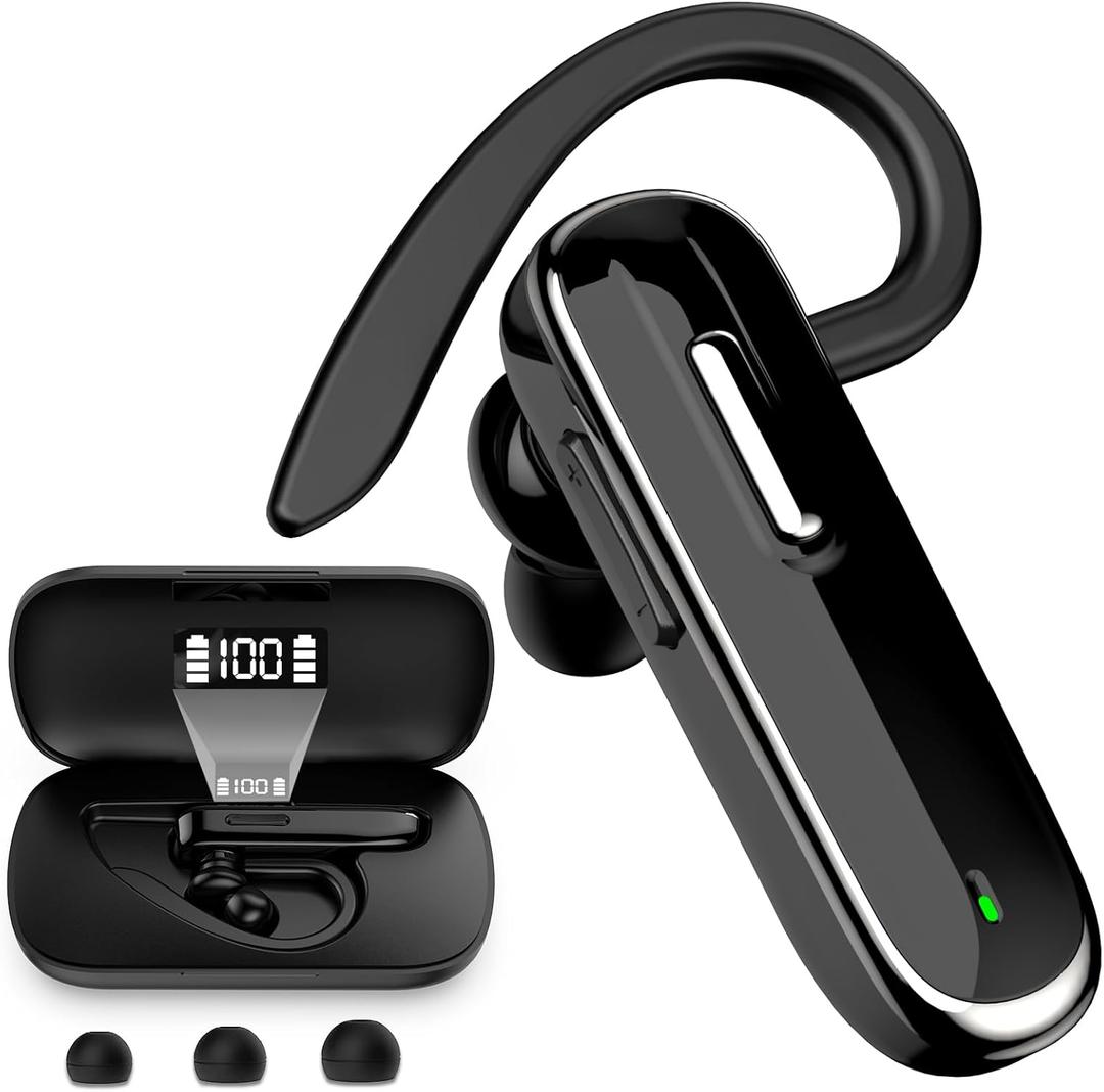 DTALL Bluetooth Headset, V5.1 Ultralight Wireless Handfree Earpiece for Cell Phones with Battery Display Charging Case 96 Hours Talking Time Built-in Microphone for Driving,Office,Business