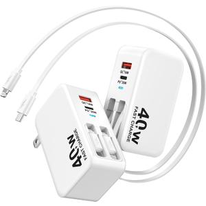4-in-1 Retractable Wall Charger, 40W Retractable iPhone Charger Wall Plug with Dual 3ft Lightning + Type C Charging Cables, 4-Ports USB C Charger Foldable Block for iPhone 17 16 15 14 13 12 11 8 7
