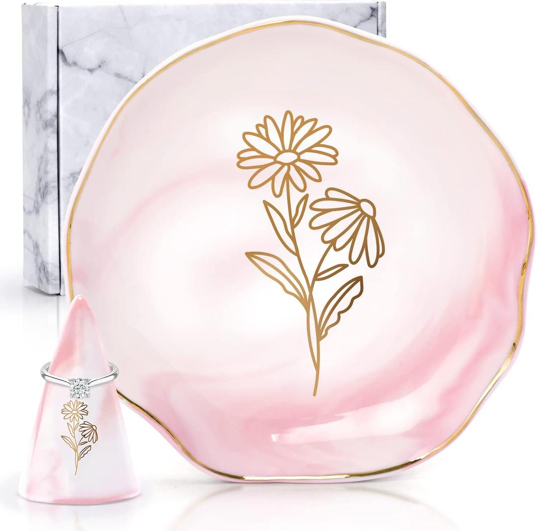 Daisy Jewelry Tray Ring Dish Gift for Woman Birth Month Flower Marble Ceramic Trinket Tray with Gold Floral Ring Holder Engagement Ring Dish Birthstone Birthday Mother's Day Gift for Her Present