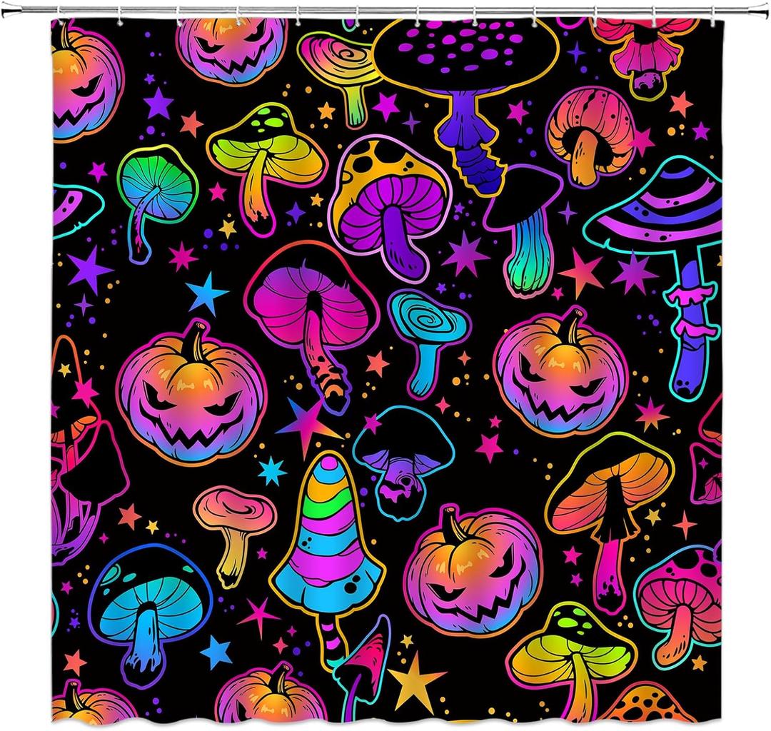Neon Halloween Shower Curtain Colorful Pumpkin Mushroom Star Gothic Mysterious Spooky Fabric Decorative Bathroom Curtains with Hooks for Party,Black Purple Yellow