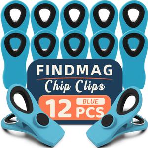 FINDMAG 12 Pack Chip Clips, Big Food Clips Blue Magnetic Clip, RV Accessories, Magnetic Bag Clip with Airtight Seal for Chips, Bread, Snacks, Fridge Organize, Kitchen Storage, Note