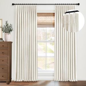 Pinch Pleated Blackout Curtains 96 Inches Long, Linen Blend, 100% Blackout Drapes with 20 Hooks, Ideal for Bedroom and Living Room, 40" W x 96" L (Pack of 2), Natural