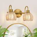 Bathroom Light Fixtures, 2-Light Brushed Gold Vanity Lights for Bathroom with Ribbed Amber Tulip Glass Shade, Vanity Lights Over Mirror for Bedroom, Living Room, Hallway