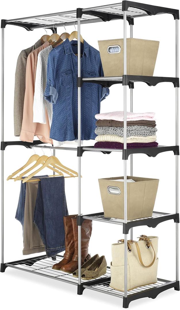 Whitmor Double Rod Freestanding Closet Organizer, Silver