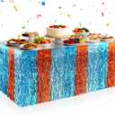 2 Pack Foil Table Skirts Fringe Table Banner Decorations, Rectangle Round Tables Curtains Streamer Backdrop for Birthday Baby Shower Wedding Engagement Holiday Graduation Party Supplies (Blue)