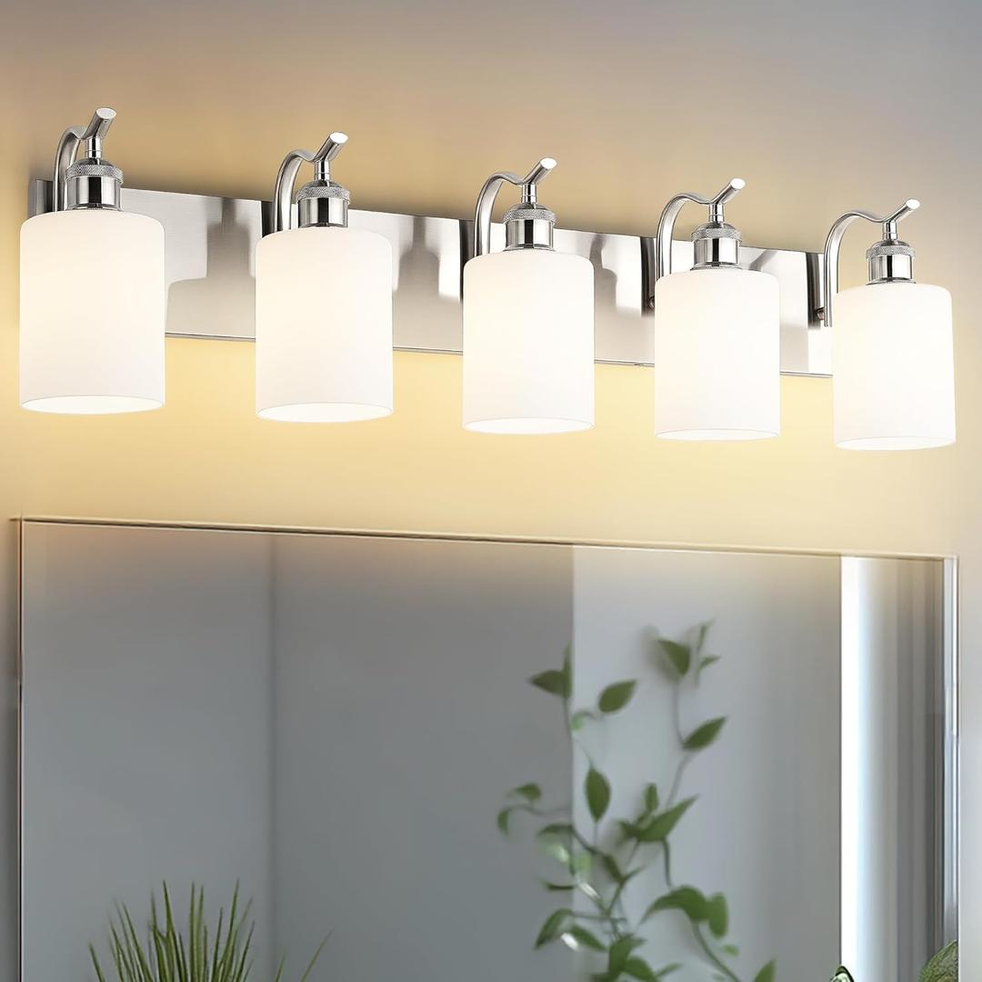 5 Light Bathroom Vanity Light, Brushed Nickel Vanity Lights for Morden Bathroom Lighting Fixtures Over Mirror Wall Light Fixtures with Milky White Frosted Shade ZCVL01BNW-5