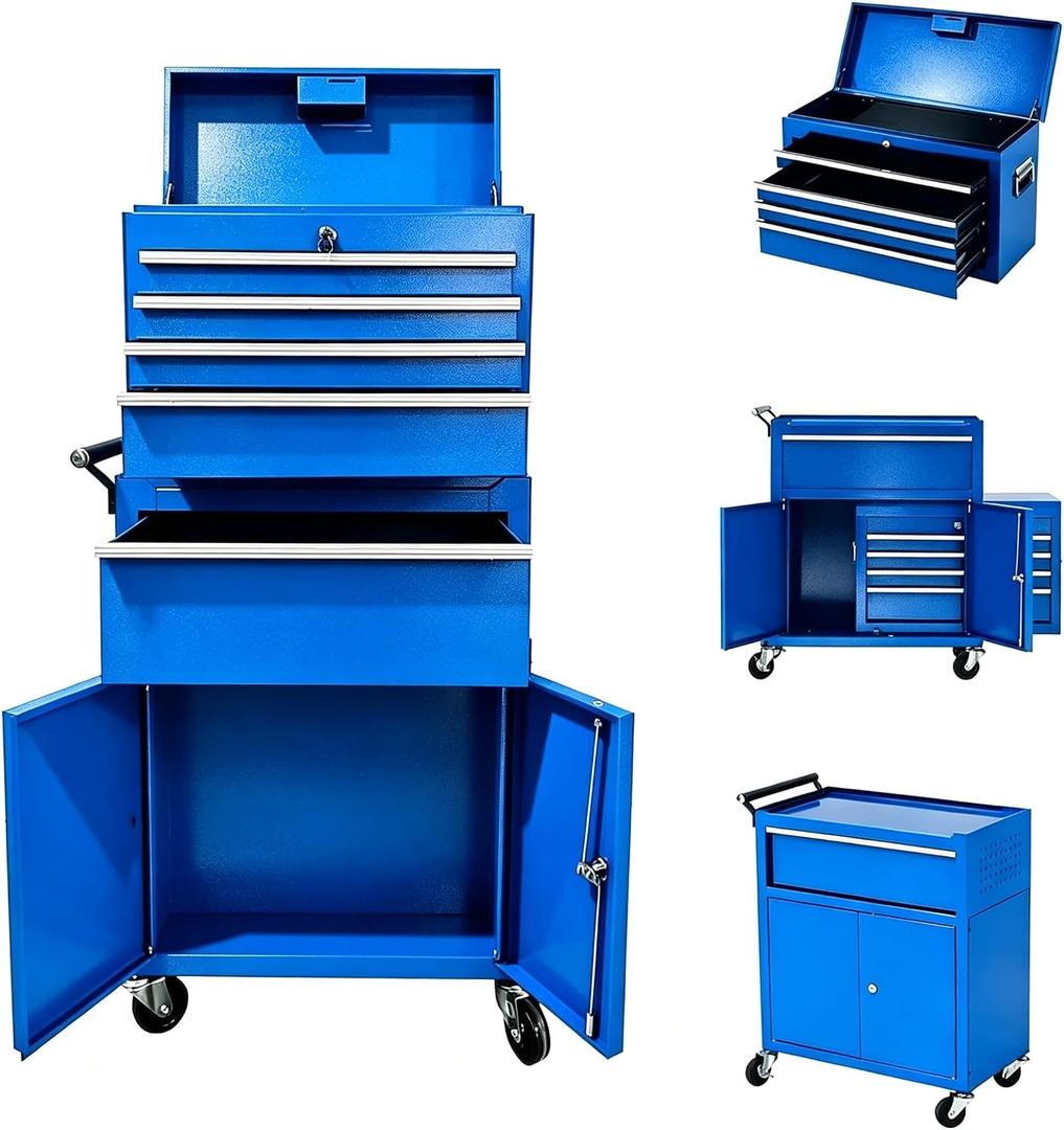 20 Inch 5 Drawer Lockable Rolling Tool Chest, 2 in 1 Detachable Tool Box Cabinet on Wheels, Compact Metal Storage Organizer with Portable Top Chest for Garage Workbench and Workshop, Blue