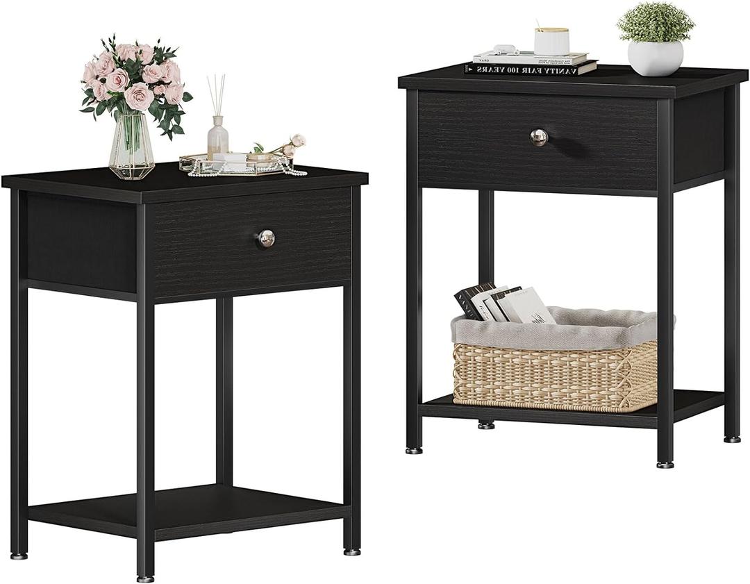 Black Nightstand Set of 2,Night Stand Set 2 with Drawers,Small Nightstand with Storage Bedside Table for Bedroom, Dorm, Modern End Table