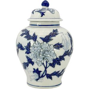 Galt International Classic Blue and White Flower Chinoiserie Jar 12" w/Lid - Ginger Jar, Tea Storage, Decorative, Home Decor Jar