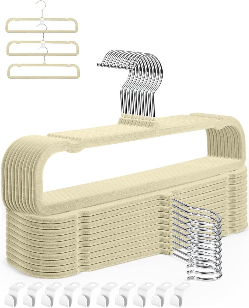 Velvet Hangers, 20pcs Heavy Duty Flocked Pant Hanger with Non-Slip Trouser Bar, 35cm(L) Adult Clothes Hangar with Swivel Hook, Slim Felt Perchas Terciopelo for Shorts, Dress, Scraf, Bar (Beige-Silver)