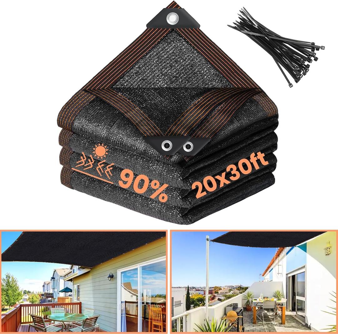 Riare 90% Black Shade Cloth- 20 x 30 FT Sunblock Garden Shade Cloth, Sun Shade Mesh Tarp with Reinforced Grommets for Garden, Greenhouse, Patio, Backyard, Plants, Chicken Coop, Pergola