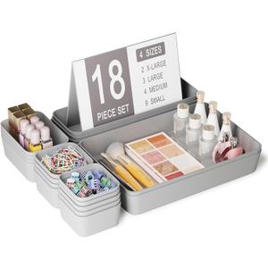 Homhut 18 pcs Desk Drawer Organizer Tray, Multiple Sizes Plastic Drawer Organizer Storage, Stackable Organizer Containers For Makeup, Bedroom, Kitchen Gadgets Utensils and Office (Gray)