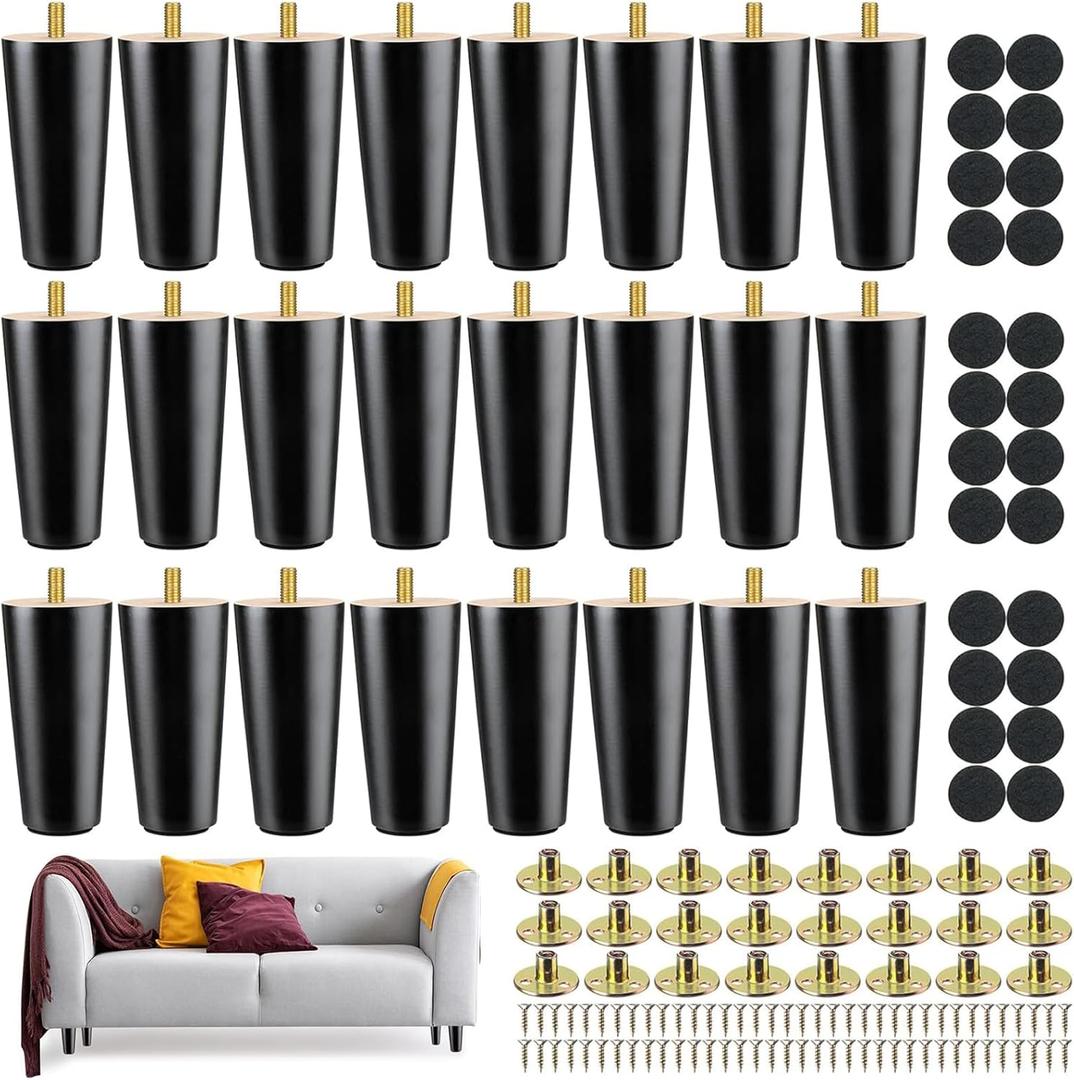Maitys 4 Inch Round Solid Furniture Legs Furniture Wooden Replacement Chair Feet Dresser Sofa Couch Legs Table Cabinet Footstool DIY Projects for Home (Black,24 Pcs)