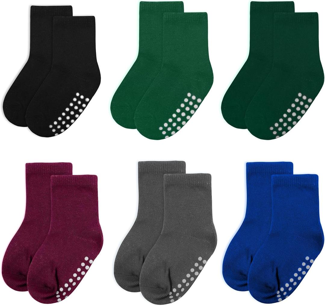 2 x 6 pack baby socks, cotton crew children's socks, non-slip grip socks, unisex, for toddlers, boys, girls, 4-7 Years (6 Pairs-black/Green/Darkgreen/Redbrown/Darkgray/Sapphireblue)