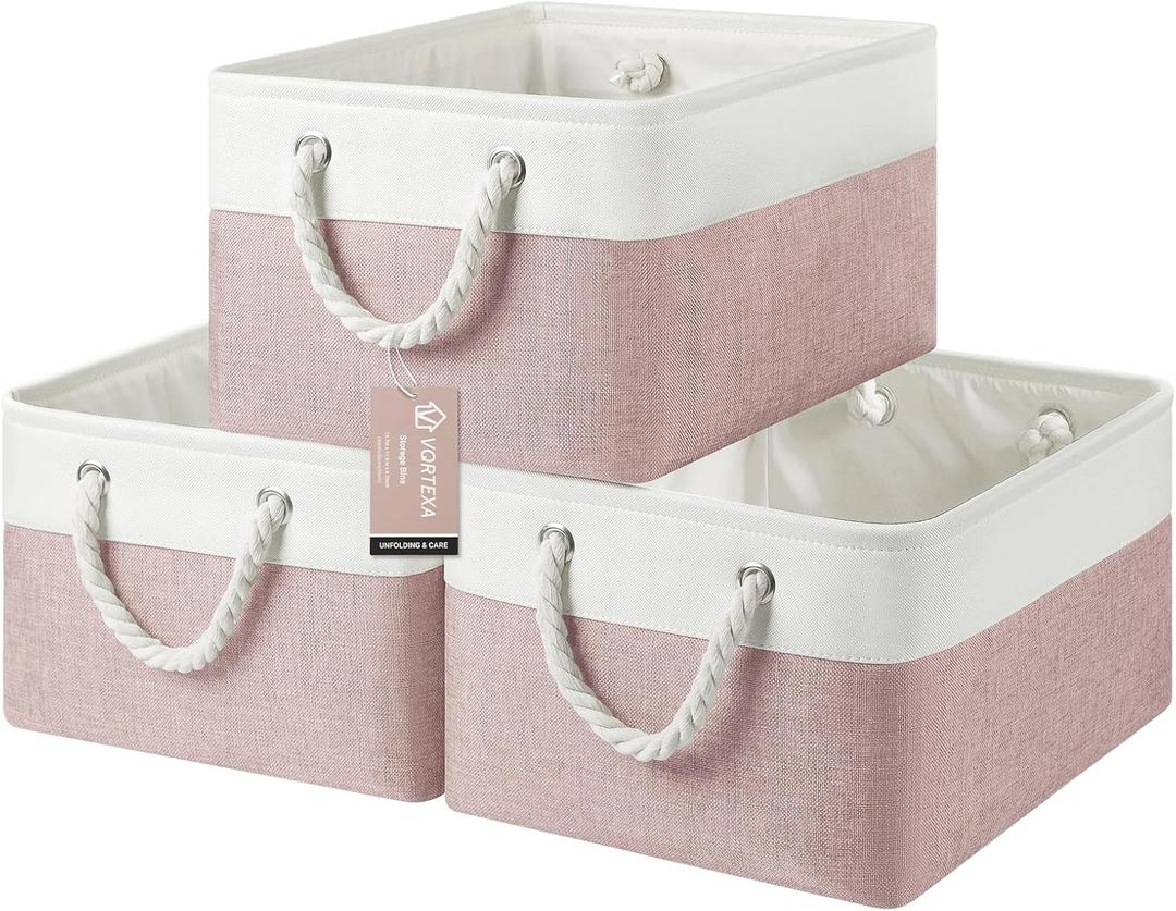 Large Storage Baskets- 15.7x11.8x8.26 inch Storage Bins for Shelves and Closet Organizing, Foldable Fabric Bin for Home Organization Clothes and Laundry (3-Pack, White&Pink)