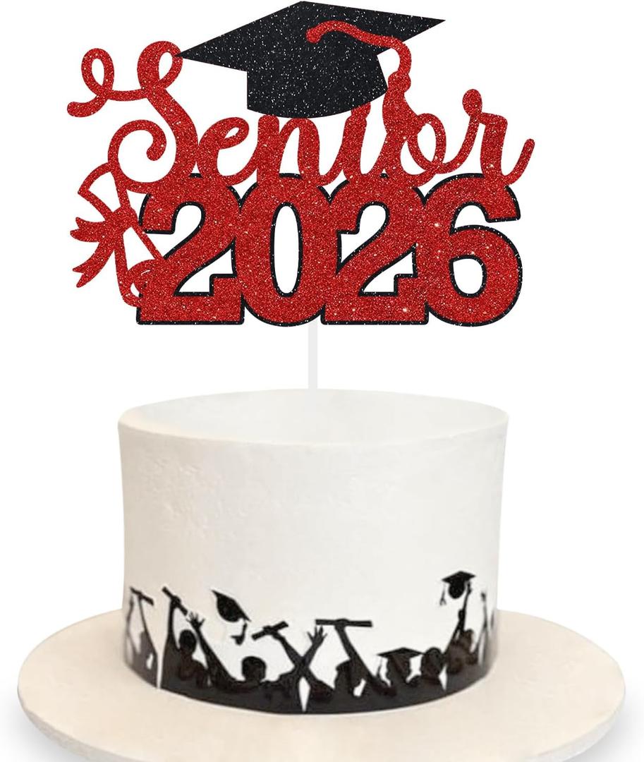 2 x Senior 2026 Graduation Decoration Cake Topper Glitter Grad Sticks Congratulations Ideas Red