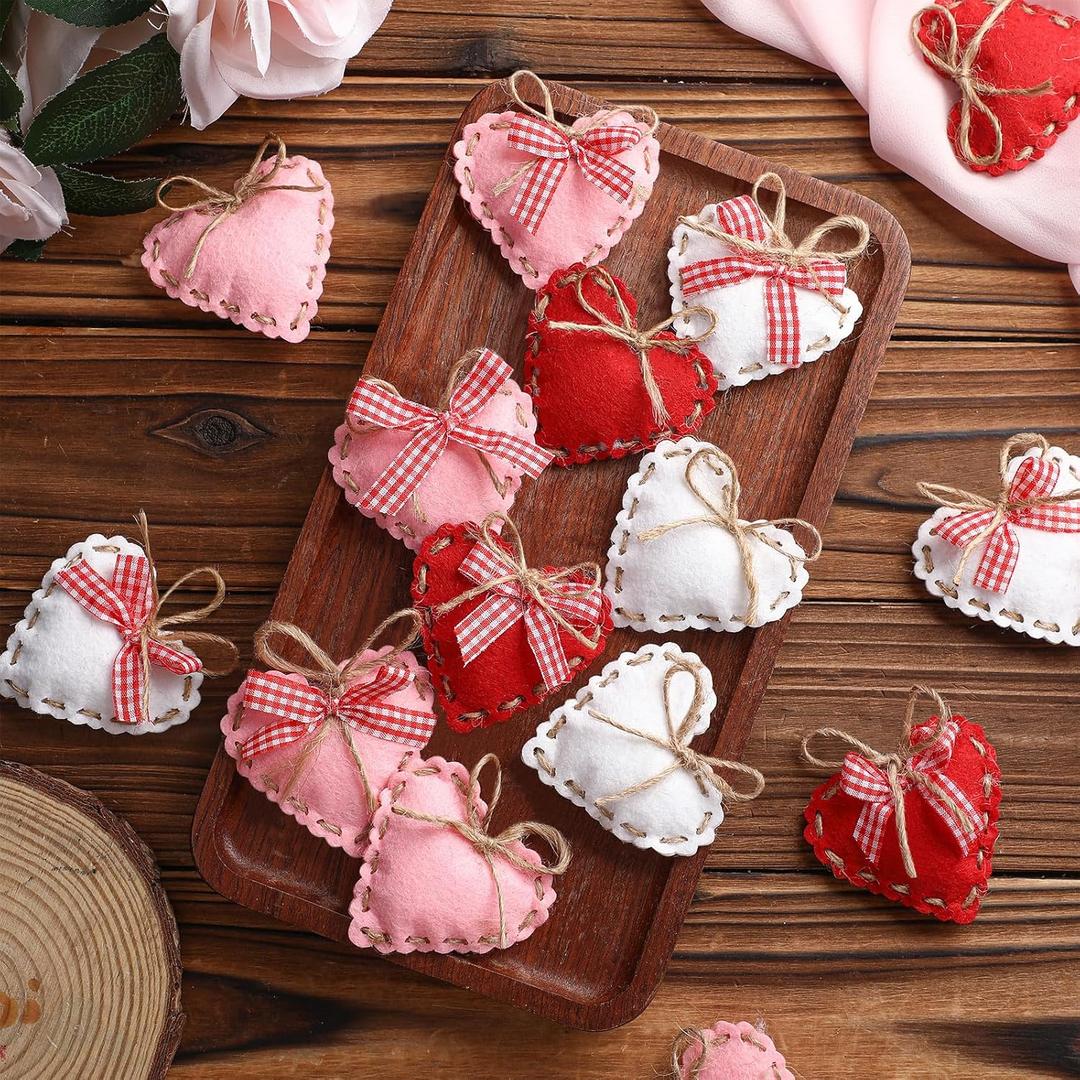 HunnmingRe 24 Pcs Valentine Felt Heart Ornaments for Tree Small Heart Hanging Decorations Valentine Felt Baubles for Home Wedding Party Decor(2.4 Inch,Elegant Style,Red Pink White)