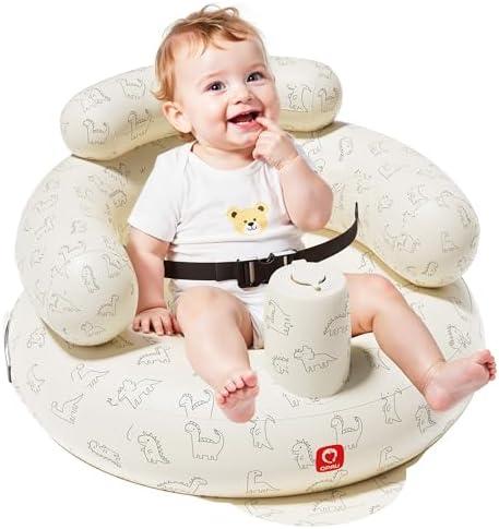 QPAU Inflatable Baby Seat with Safety Harness, Baby Chair for Sitting Up (3 Months & Up), Portable Blow Up Baby Stuff with Built-in Pump (Dinosaur)