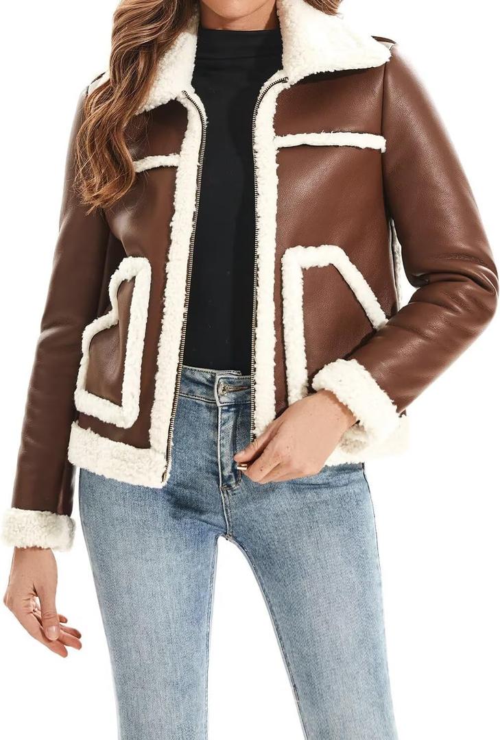 Women's Faux Shearing Moto Jacket Thick Fur Lined Coat Sherpa Leather Jacket