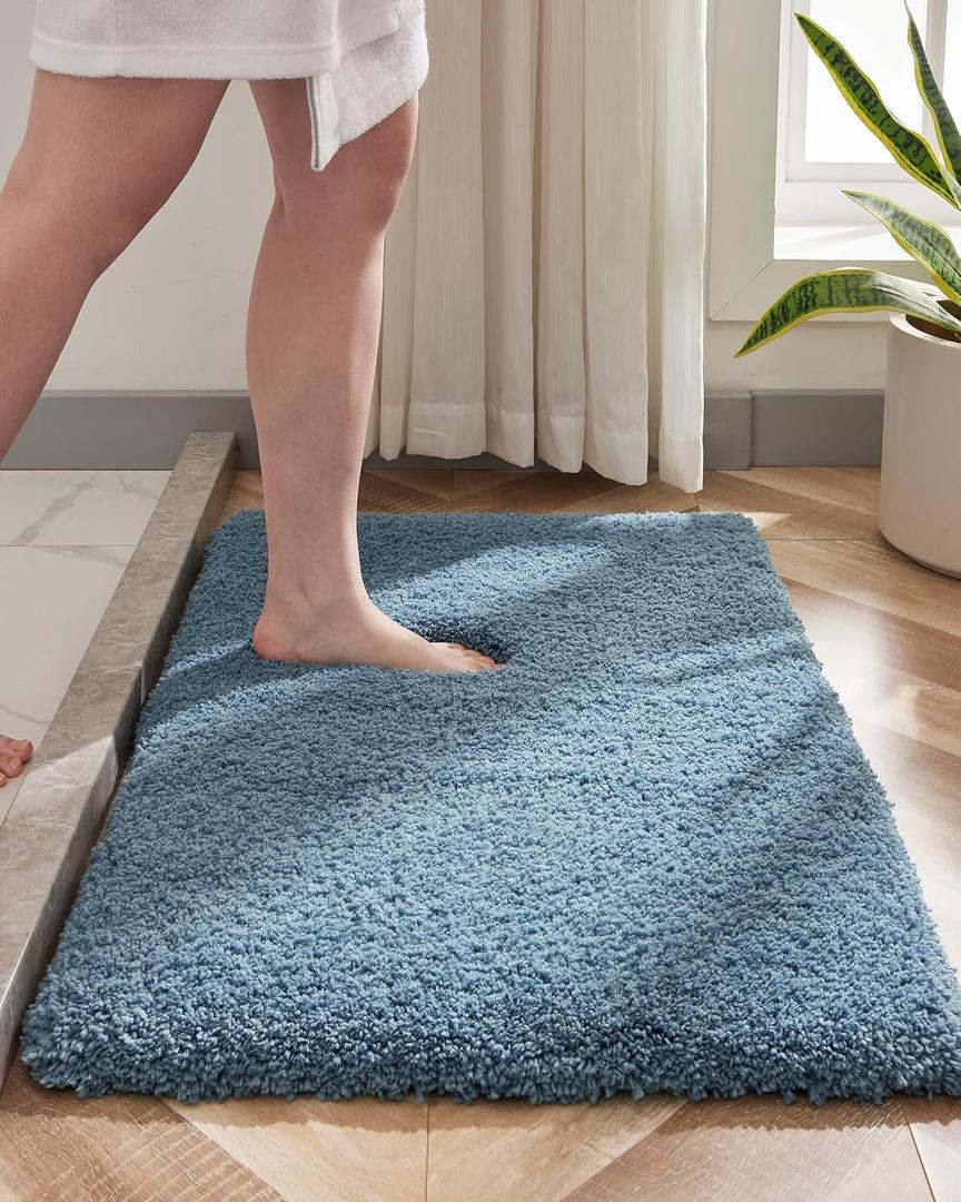 Small Bathroom Rug 17x24 Non Slip Blue Fluffy Bath Mat for Bathroom Floor Washable Plush Luxury Bath Rug for Tub Soft Shaggy Absorbent Shower Mat
