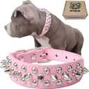 TEEMERRYCA Adjustable Leather Spiked Studded Dog Collars with a Squeak Ball Gift for Medium Large Pets Like Cats/Pit Bull/Bulldog/Pugs/Husky, Pink, M(12"-15")