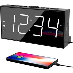 PPLEE Alarm Clock for Bedroom, 2 Alarms Loud LED Big Display Plug in Simple Basic Digital Clock with USB Charging Port, Adjustable Volume, Dimmable, Snooze for Deep Sleepers Kids Elderly Home Office (White)