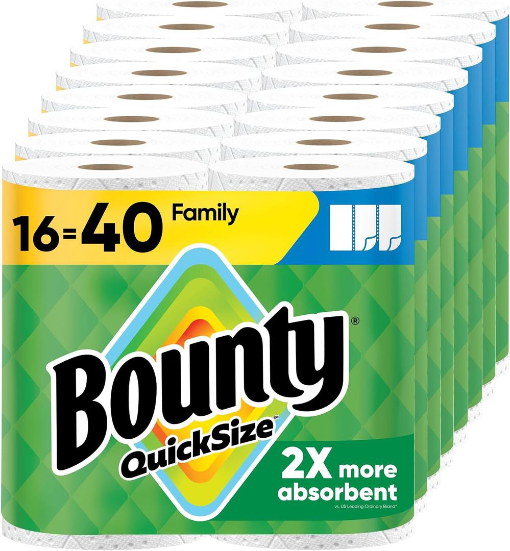 Bounty Quick-Size Paper Towels, White, Family Rolls, 16 Count (Equal to 40 Regular Rolls)