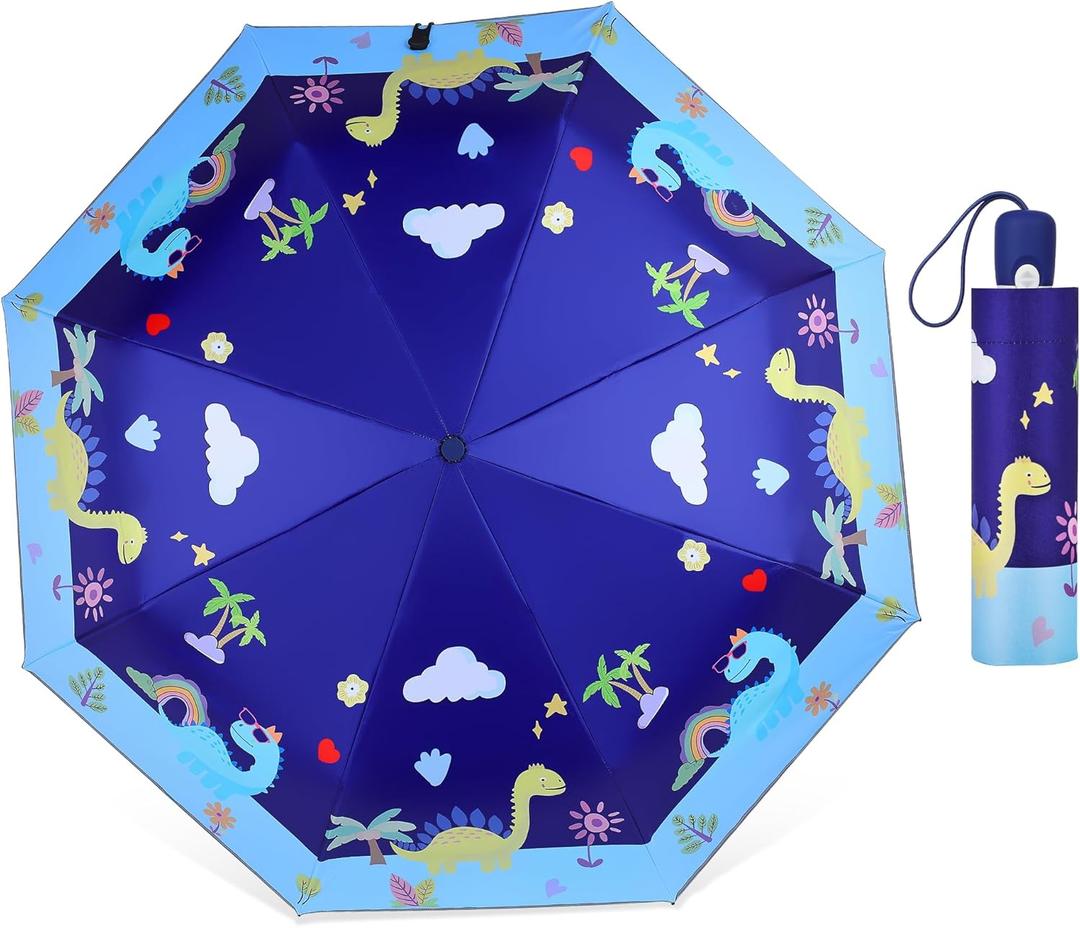 Kids Umbrella for Girls & Boys, Foldable Telescopic Cute Umbrella for Toddler with Auto Open/Close , Anti-UV Safe Design Children Travel Umbrellas 360 Reflective Strip, Compact & Lightweight & Durable Brolly (Blue)