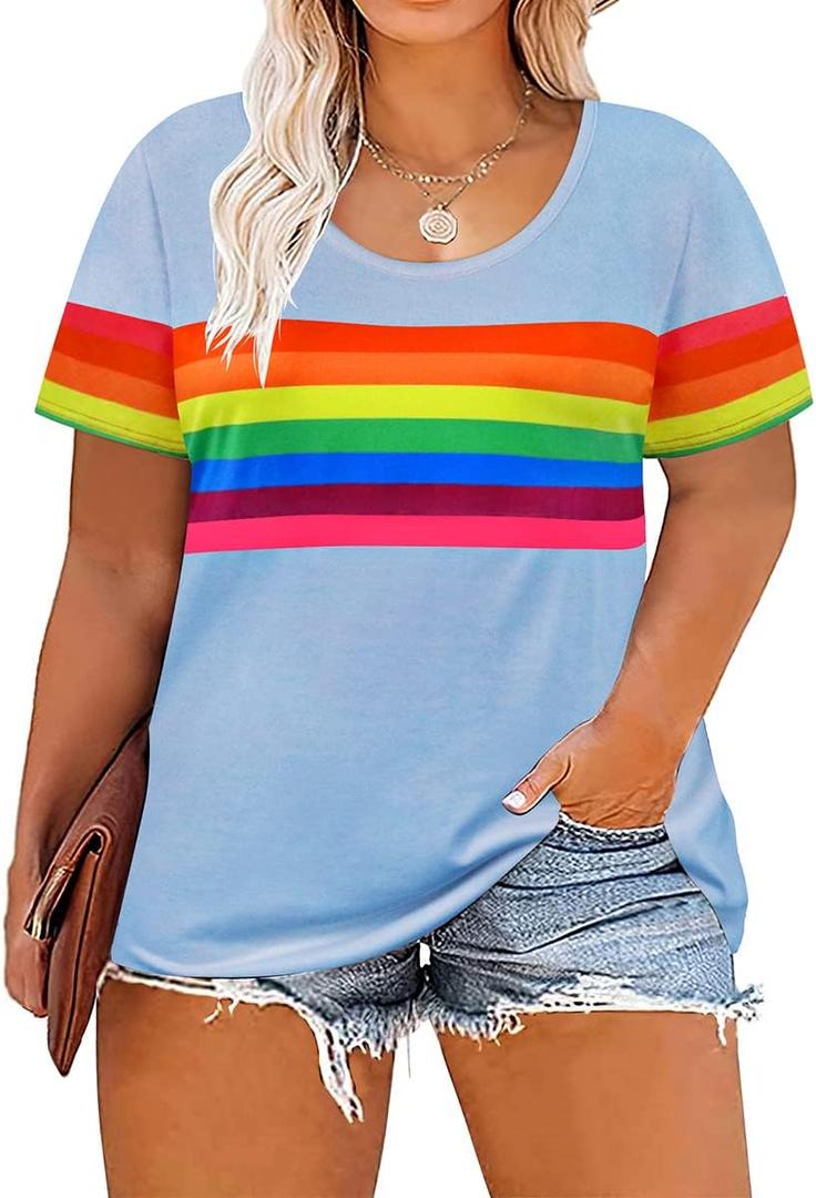 RITERA Womens Plus Size Short Sleeve Rainbow Striped Tops Crewneck T Shirts Color Block Colorful Oversized Ladies Shirt Casual Blouses Blue Sky Blue XL 14W 16W