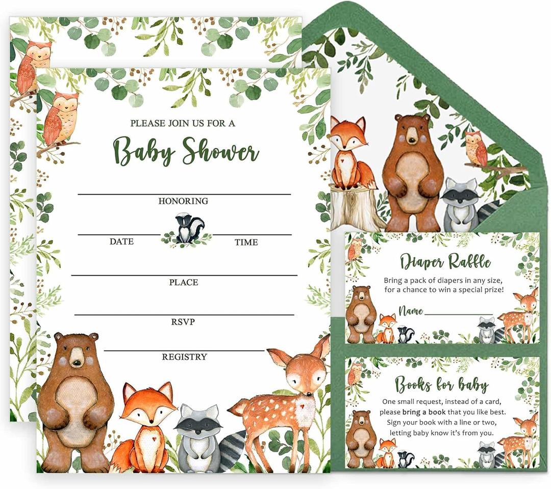 Yuzioey 50 Woodland Baby Shower Invitations, Forest Woodland Greenery Invitations Macthing Envelpoes, Diaper Raffle Tickets, Book Request Cards, Forest Creatures Invitations