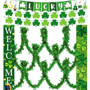 Tegeme St. Patrick's Day Decorations Lucky Porch Sign Banners Hanging 16.4 ft St. Patrick's Day Tinsel Garland Decorations Irish Shamrock Porch Signs Hanging Door Decor for Home Outdoor Party