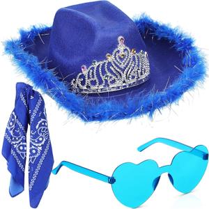 Funtery 3 Pieces Cowboy Cowgirl Costume Accessories Cowgirl Hat with Tiara Crown Heart Shaped Sunglasses Bandanas for Women Men Teens, Blue (Blue)