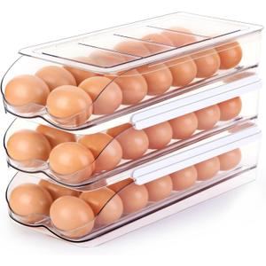 Egg Holder for Fridge, Automatically Rolling Egg Container for Refrigerator, Clear Plastic Fridge Organizers and Storage with Lid, Stackable Egg Dispenser & Tray (3 Tier)