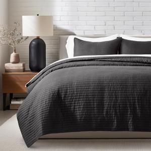 EVERGRACEHOME Cotton Sateen Quilt Set King Size, Pre-Washed Cotton Channel Stitch Coverlet Bedspread, 3 Pieces Lightweight Soft Bedding Sets for All Season, with 2 Pillow Shams, Washed Black (King/Cal King (108" X 96"))