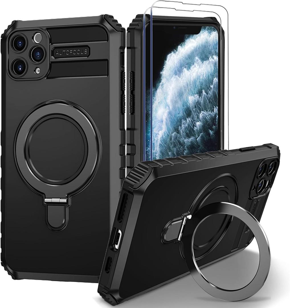 for 11 Pro Max Magnetic Case [Compatible with MagSafe] with 2 Tempered Glass Screen Protectors with Ring Kickstand,Military Grade Heavy Duty for 11 Pro Max Case 6.5'' Black