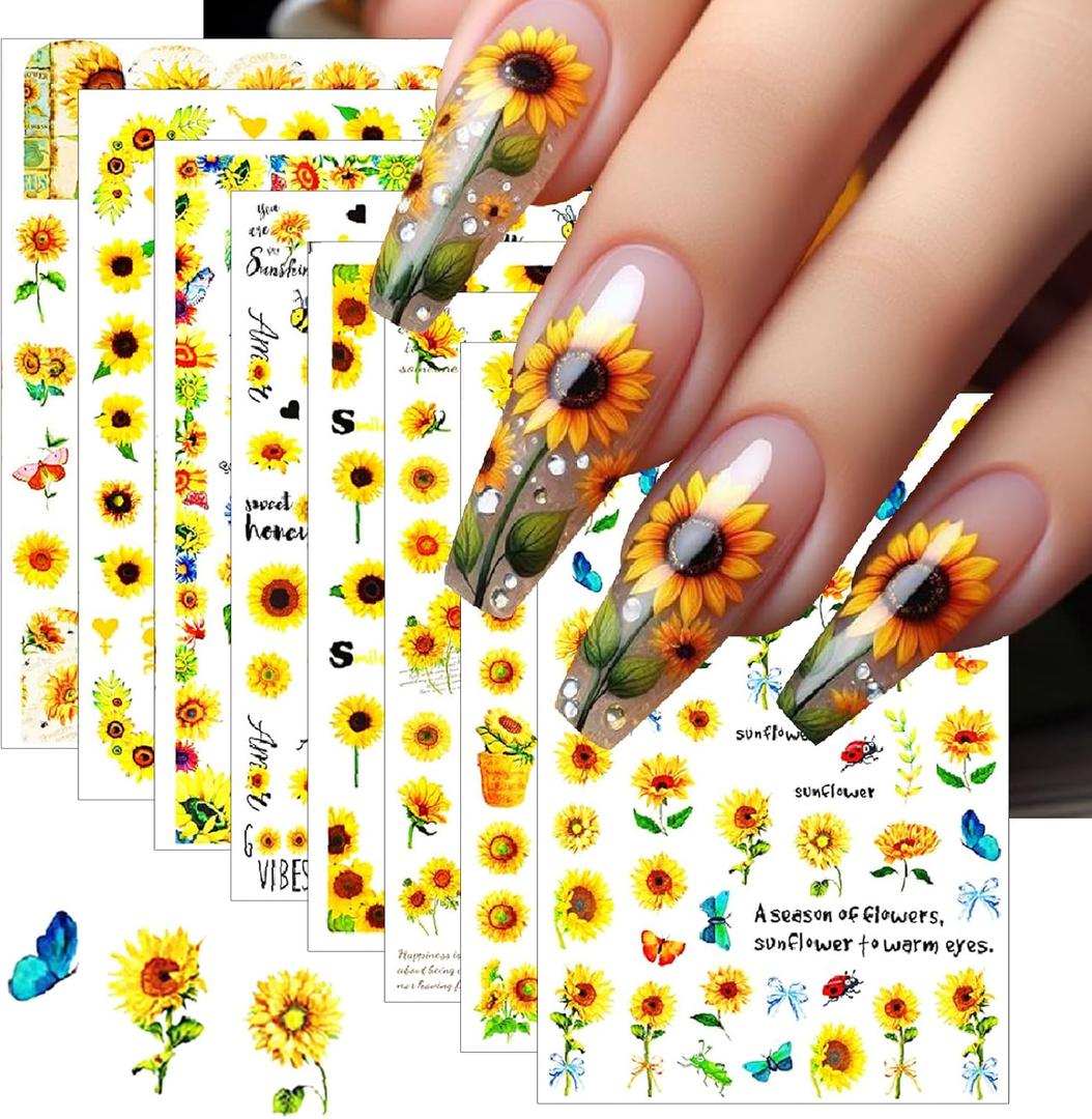 2 x 8 Sheets Sunflower Nail Art Stickers 3D Self-Adhesive Cute Yellow Bee Butterfly Spring Summer Sunshine Floral Design Small Daisy Flowers Nails Decals for Women Girls Summer Manicure Decoration