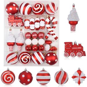 47PCS Red and White Christmas Ornaments Sets, Shatterproof Candy Cane Christmas Tree Decorations, Hanging Ball Ornaments Tree Decor for Xmas Party (Red & White)